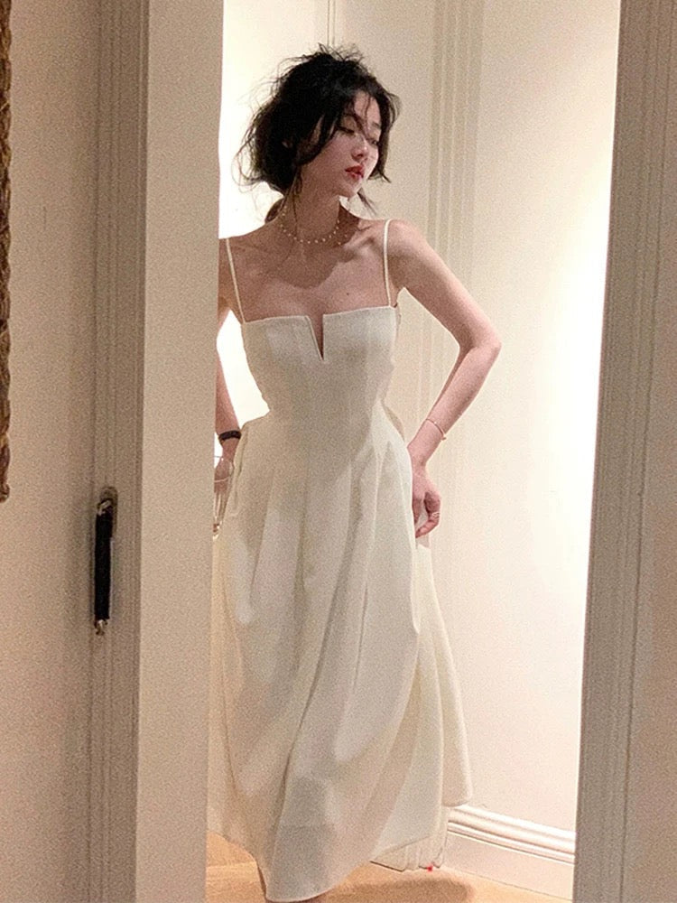 Simple A line Spaghetti Straps White Sleeveless Chiffon Prom Dresses Birthday Party Dress