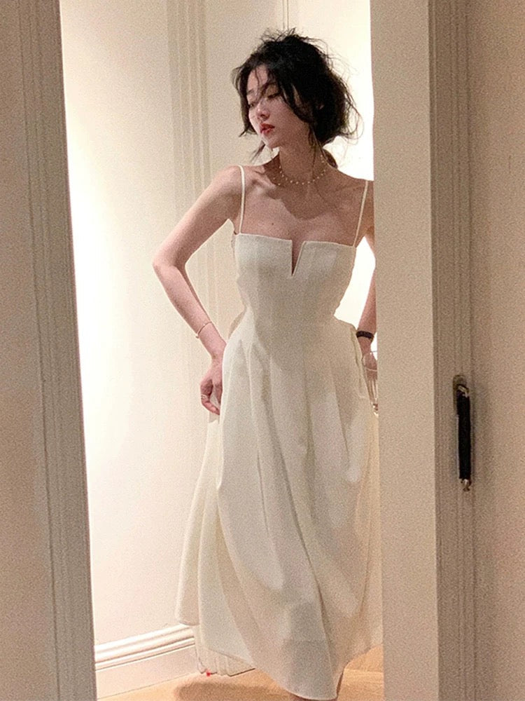Simple A line Spaghetti Straps White Sleeveless Chiffon Prom Dresses Birthday Party Dress