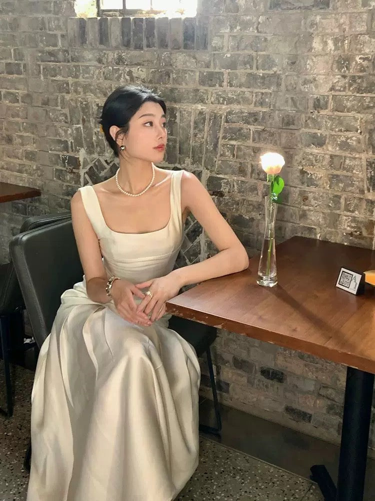 Vintage Mermaid Square Neckline White Sleeveless Satin Prom Dresses Birthday Party Dress