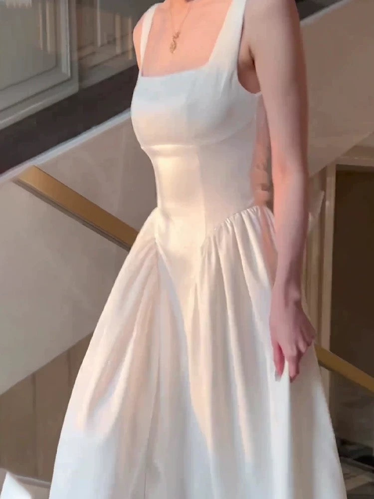Vintage A Line Square Neckline White Sleeveless Satin Prom Dresses Birthday Party Dress