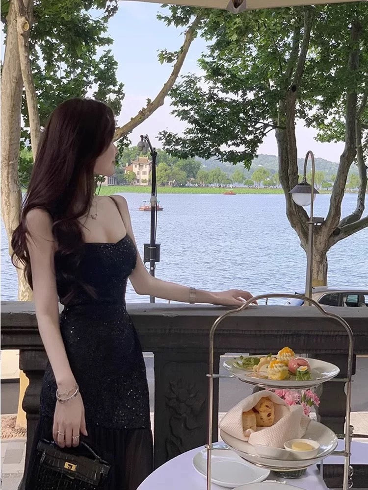 Vintage Mermaid Spaghetti Straps Black Lace Sleeveless Prom Dresses Birthday Party Dress