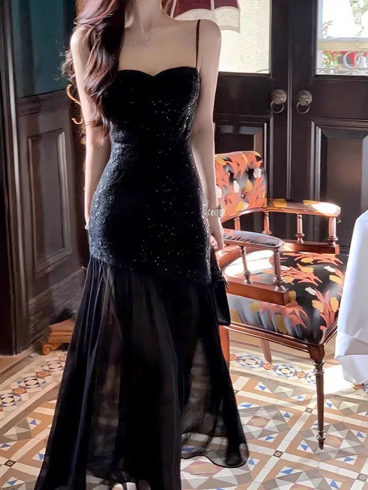Vintage Mermaid Spaghetti Straps Black Lace Sleeveless Prom Dresses Birthday Party Dress