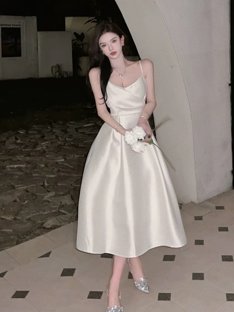 Vintage A Line Spaghetti Straps Satin Ivory Sleeveless Prom Dresses Birthday Party Dress