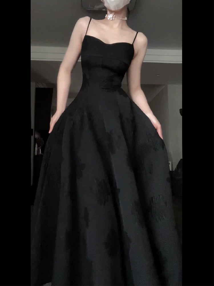 Vintage A Line Spaghetti Straps Satin Black Sleeveless Prom Dresses Birthday Party Dress
