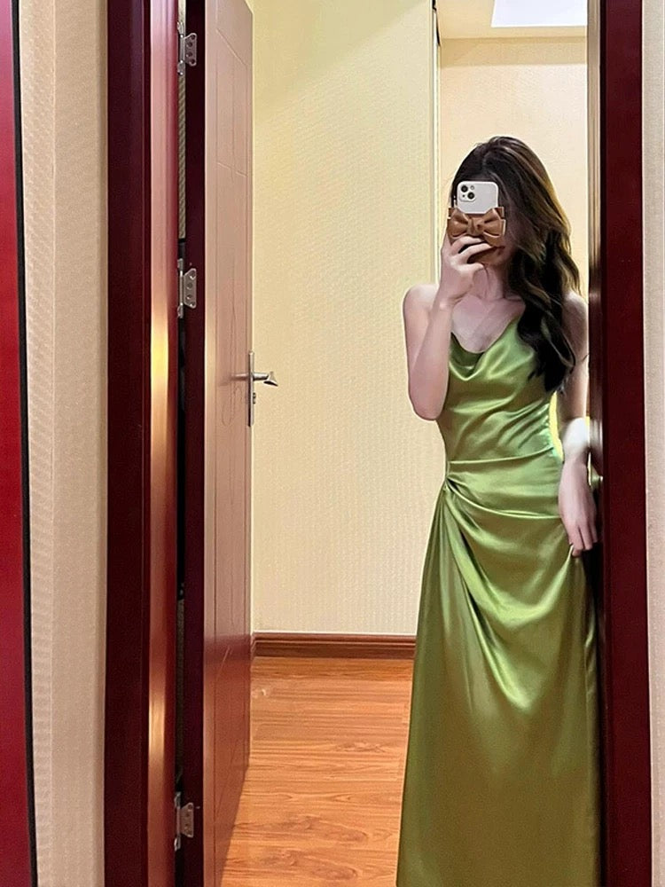 Pretty Sheath Spaghetti Straps Green Satin Long Evening Dress Prom Dresses With Ruffles