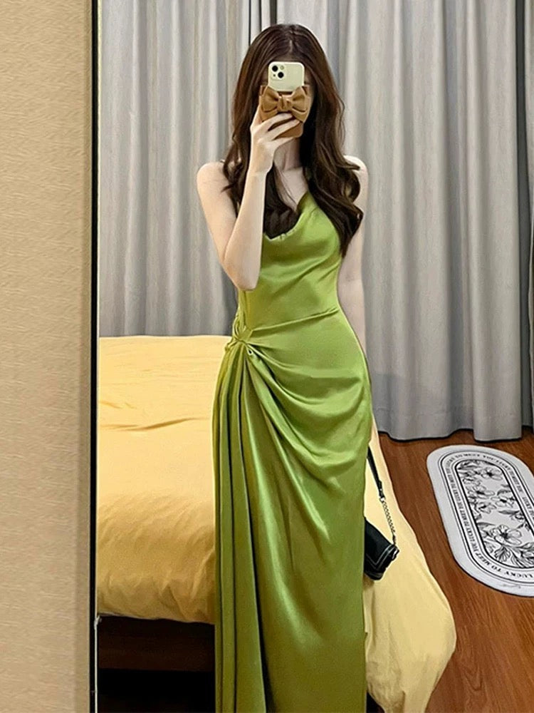 Pretty Sheath Spaghetti Straps Green Satin Long Evening Dress Prom Dresses With Ruffles
