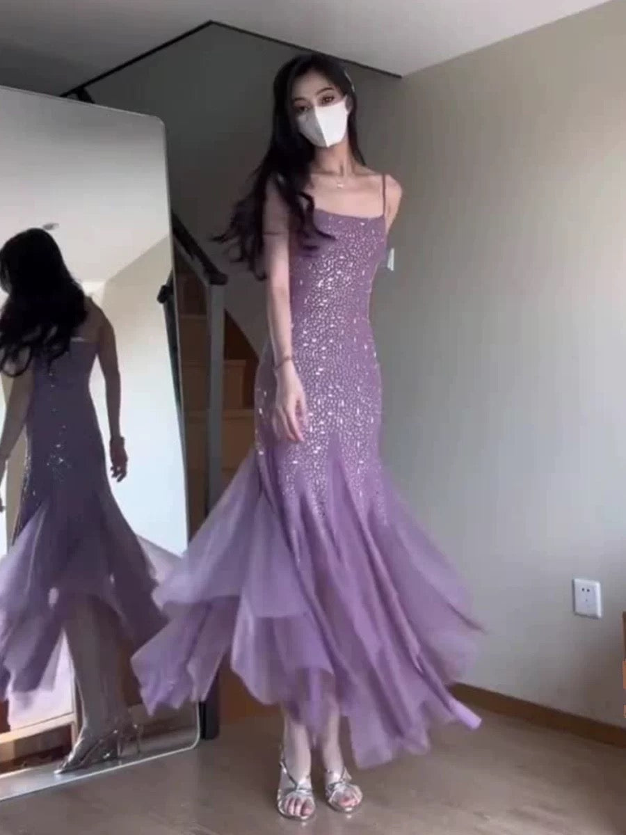 Pretty Mermaid Spaghetti Straps Chiffon Evening Dress Prom Dresses With Beads