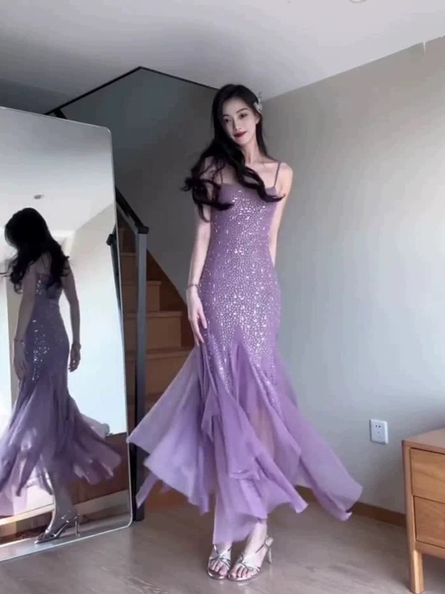 Pretty Mermaid Spaghetti Straps Chiffon Evening Dress Prom Dresses With Beads