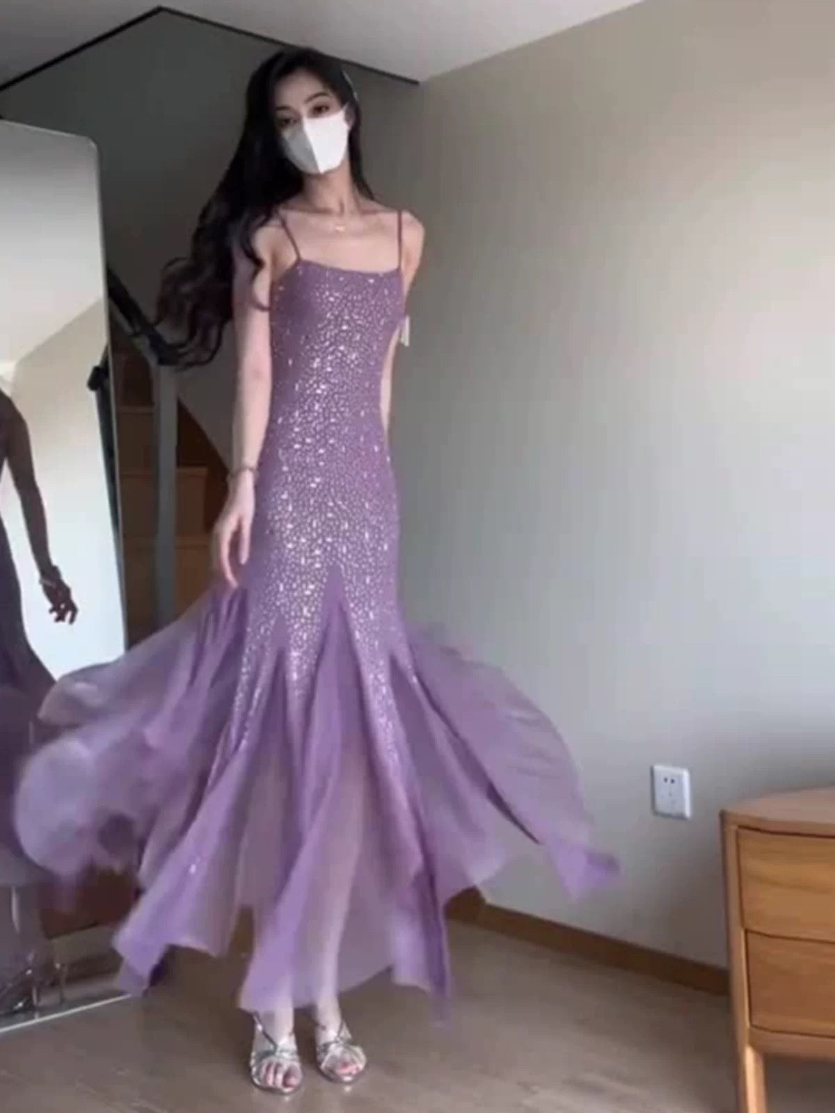 Pretty Mermaid Spaghetti Straps Chiffon Evening Dress Prom Dresses With Beads