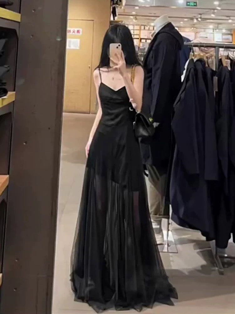 Vintage A Line Spaghetti Straps Black Chiffon Long Evening Dress Prom Dresses