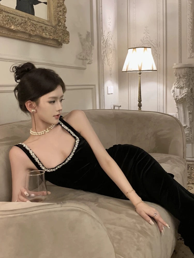 Vintage Sheath Straps Black Velvet Long Evening Dress Prom Dresses