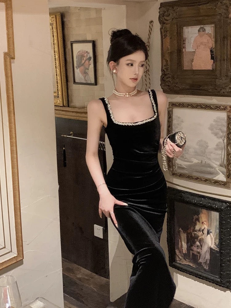Vintage Sheath Straps Black Velvet Long Evening Dress Prom Dresses