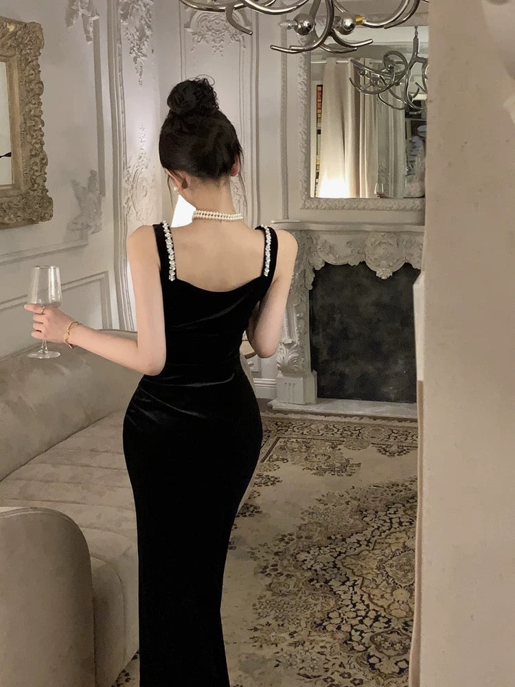 Vintage Sheath Straps Black Velvet Long Evening Dress Prom Dresses