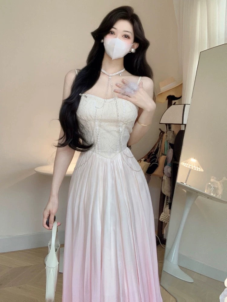 Vintage A Line Spaghetti Straps Ombre Pink Long Evening Dress Prom Dresses