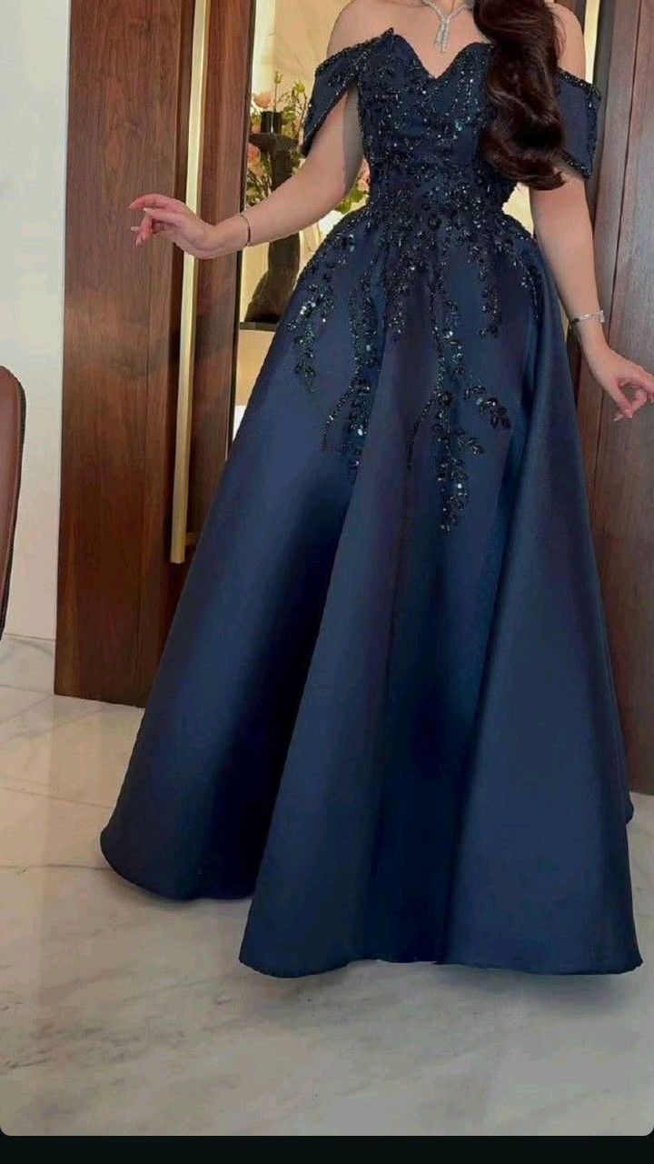 Vintage A line Off The Shoulder Navy Blue Satin Lace Long Evening Dress Prom Dresses