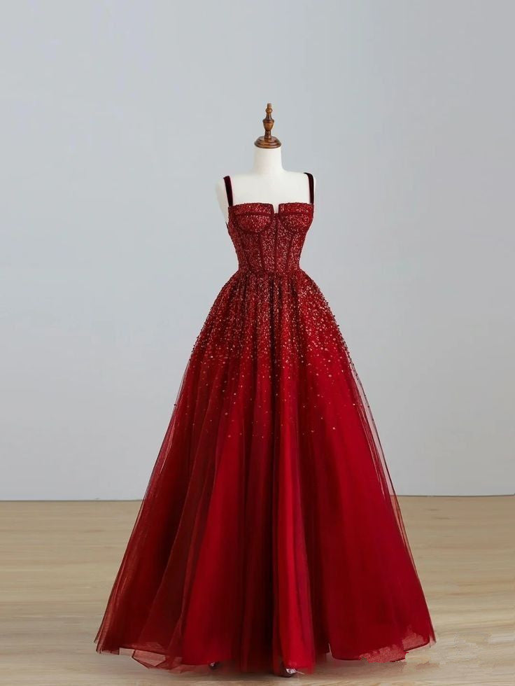 Vintage Ball Gown Straps Red Tulle Beading Long Evening Dress Prom Dresses