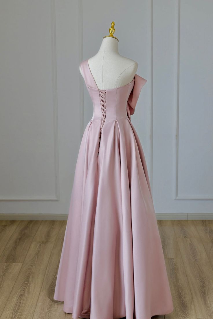 Pretty A line One Shoulder Pink Satin Evening Dress Prom Dresses With Bow