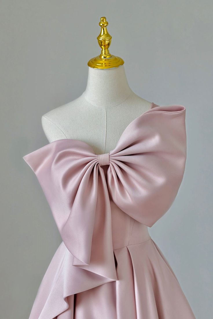 Pretty A line One Shoulder Pink Satin Evening Dress Prom Dresses With Bow