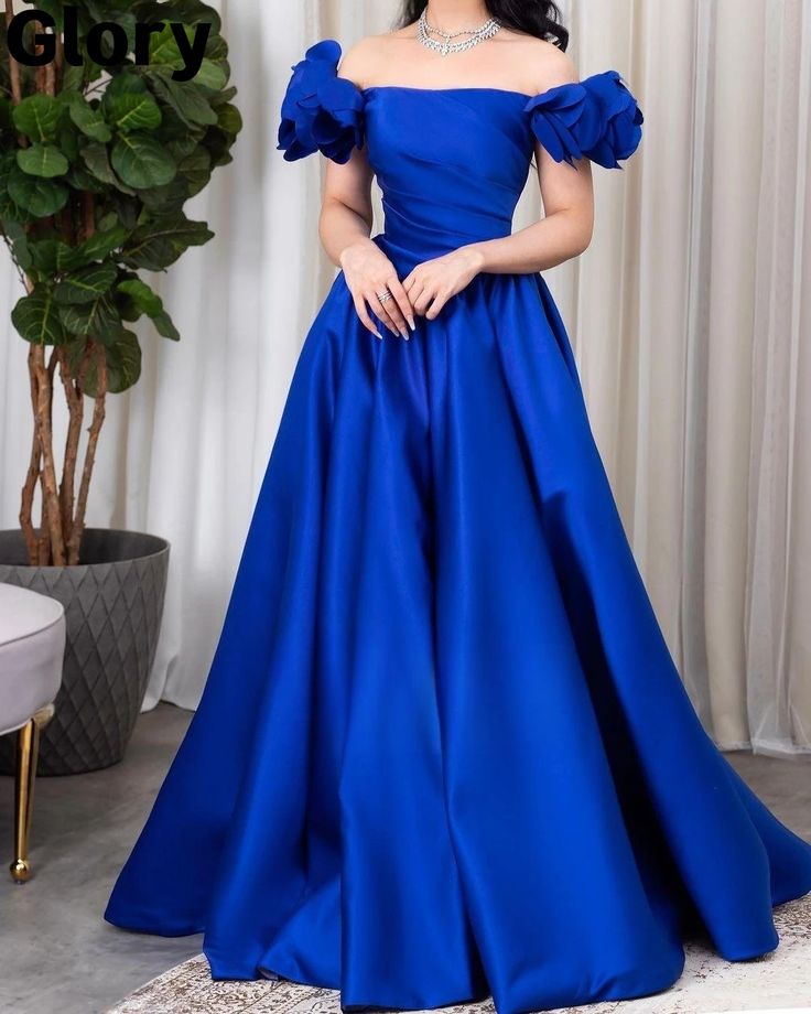Pretty A Line Off The Shoulder Royal Blue Satin Long Prom Dress Evening Dresses