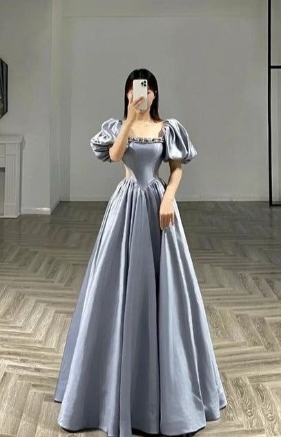 Sexy A line Square Neckline Short Sleeves Silver Satin Prom Dresses Party Evening Dress
