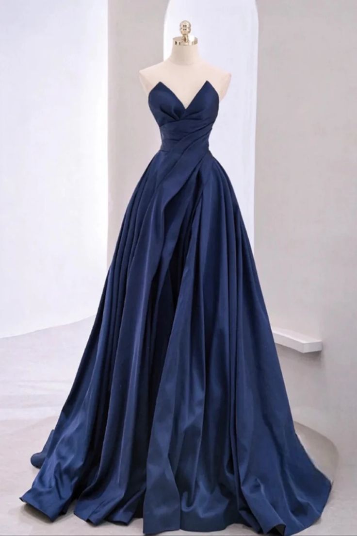 Pretty A Line Sweetheart Navy Blue Satin Long Prom Dress Evening Dresses