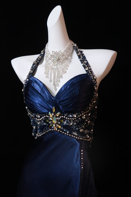 Pretty A Line Halter Sleeveless Slit Beads Long Prom Dress Evening Dresses