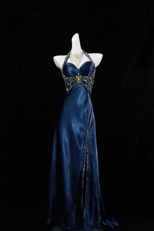 Pretty A Line Halter Sleeveless Slit Beads Long Prom Dress Evening Dresses