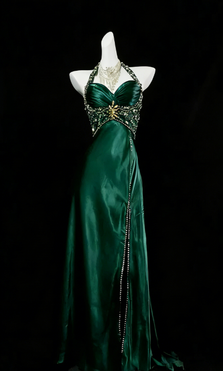 Pretty A Line Halter Sleeveless Slit Beads Long Prom Dress Evening Dresses