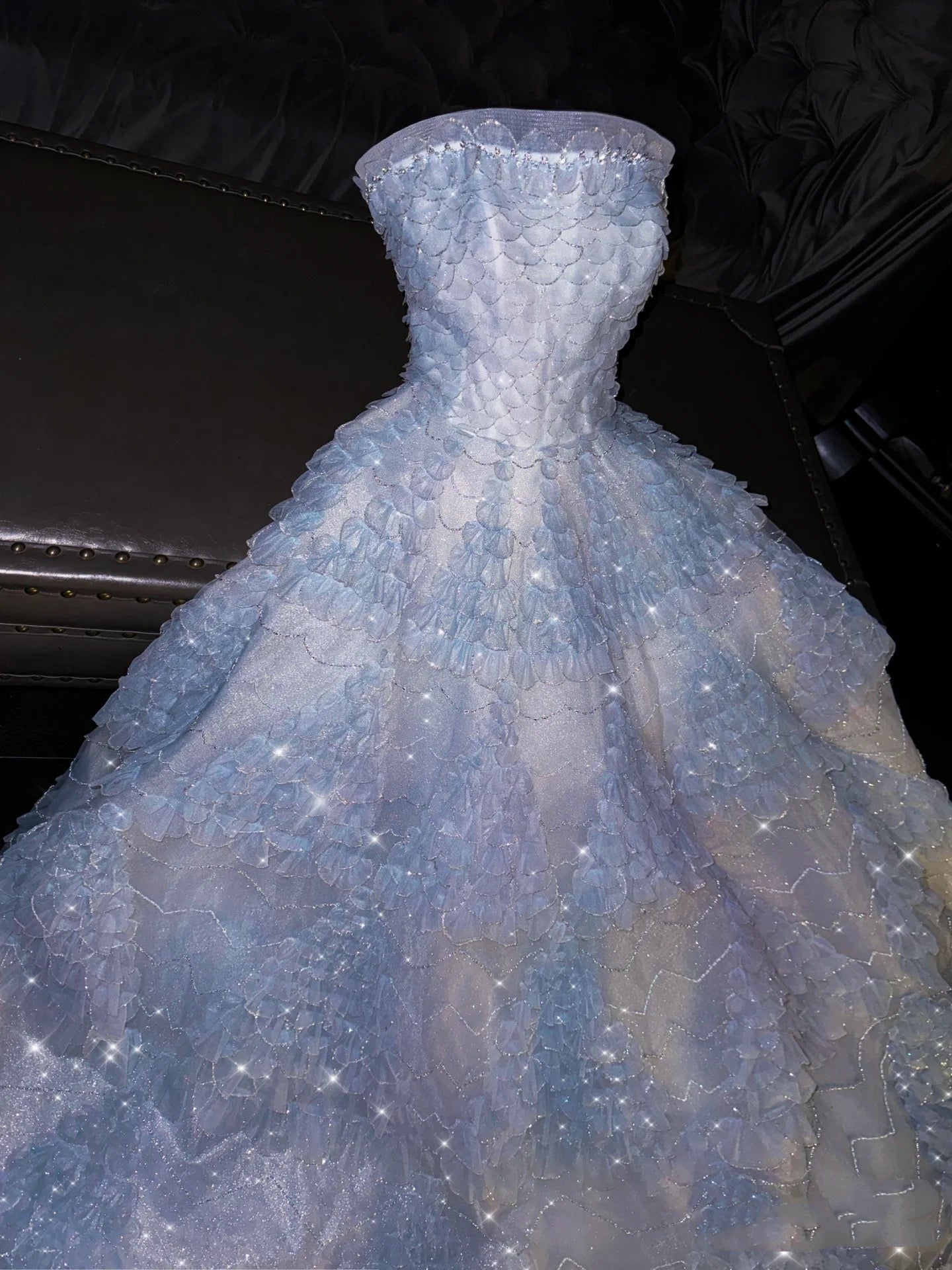 Fairytale A Line Strapless Light Sky Blue Tulle Sleeveless Prom Dress Evening Dresses