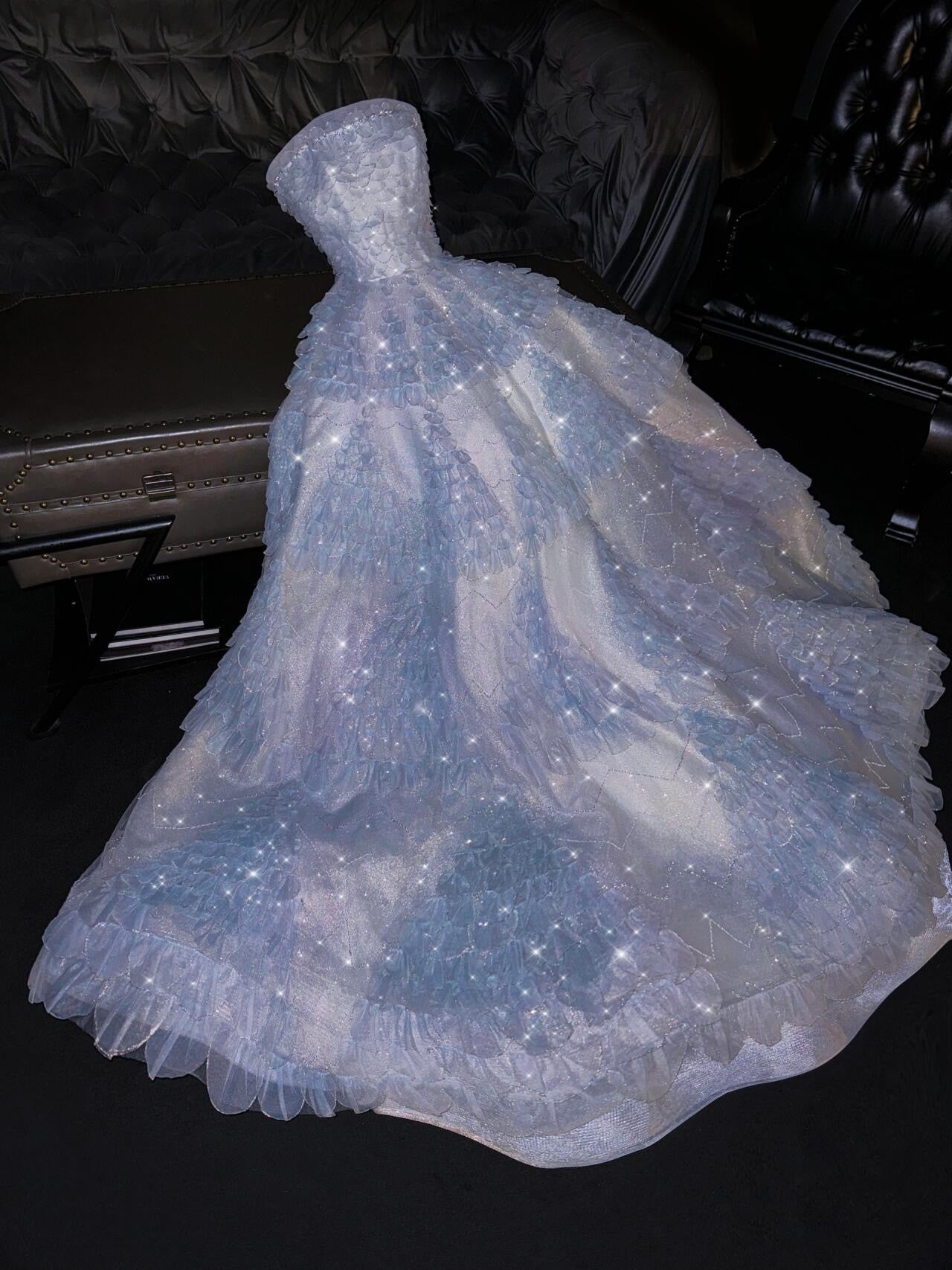 Fairytale A Line Strapless Light Sky Blue Tulle Sleeveless Prom Dress Evening Dresses