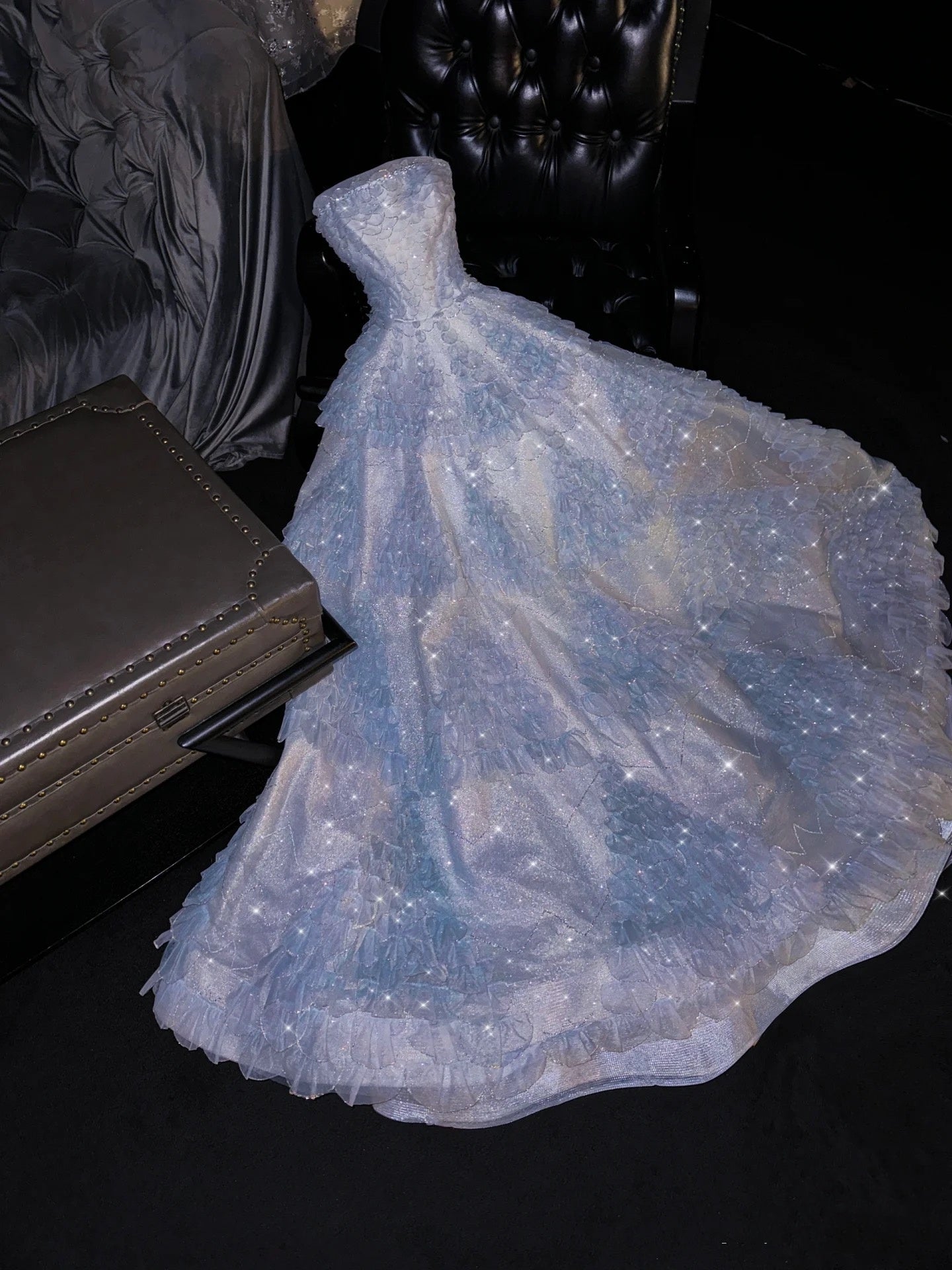 Fairytale A Line Strapless Light Sky Blue Tulle Sleeveless Prom Dress Evening Dresses