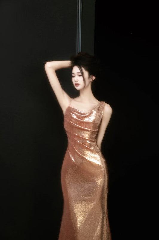 Sexy Sheath Straps Sequin Gold Prom Dresses Party Evening Dress With Ruffles