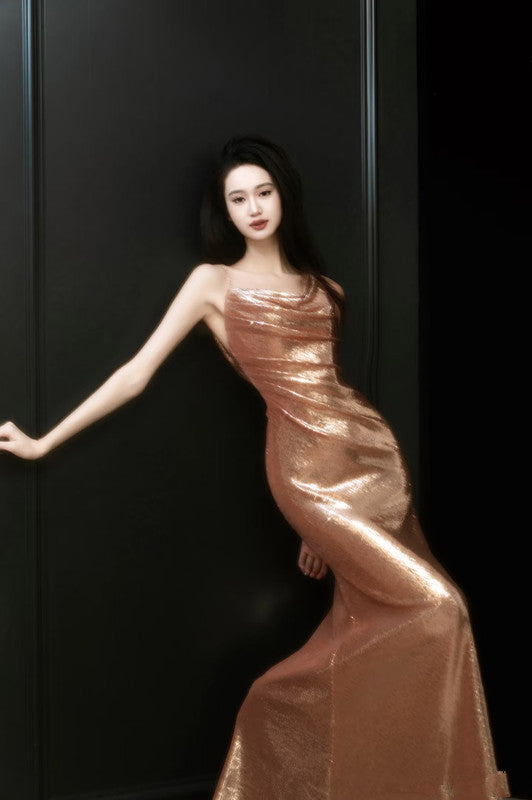 Sexy Sheath Straps Sequin Gold Prom Dresses Party Evening Dress With Ruffles