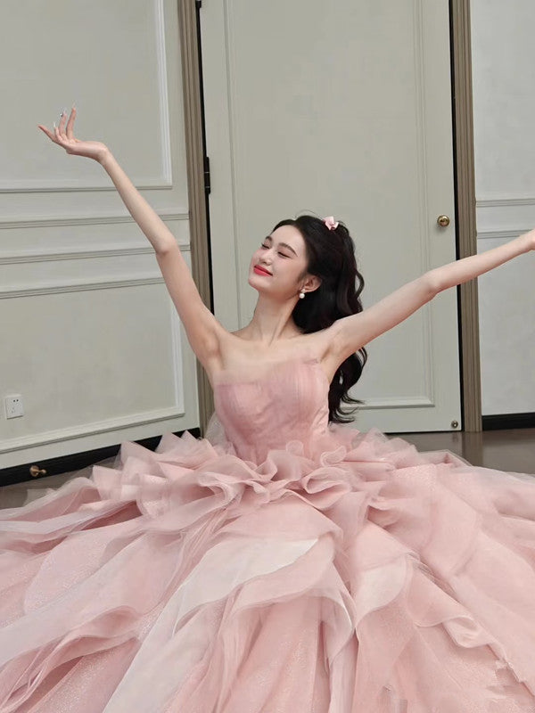 Vintage Ball Gown Strapless Pink Long Prom Dresses Tulle Layers Evening Dress
