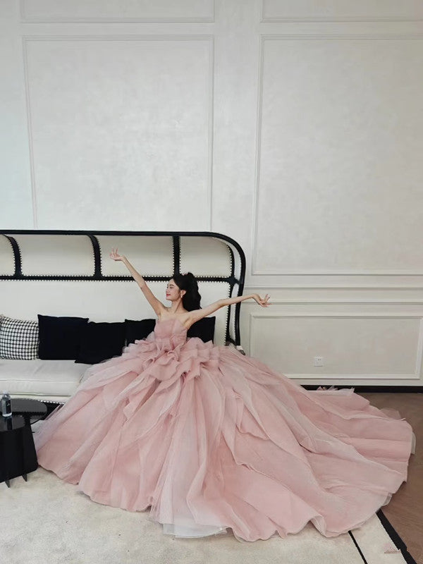 Vintage Ball Gown Strapless Pink Long Prom Dresses Tulle Layers Evening Dress
