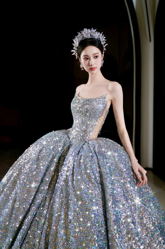Vintage Ball Gown Strapless Sequin Silver Long Prom Dresses Layers Evening Dress