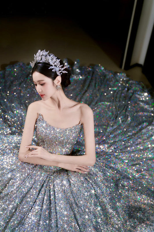 Vintage Ball Gown Strapless Sequin Silver Long Prom Dresses Layers Evening Dress