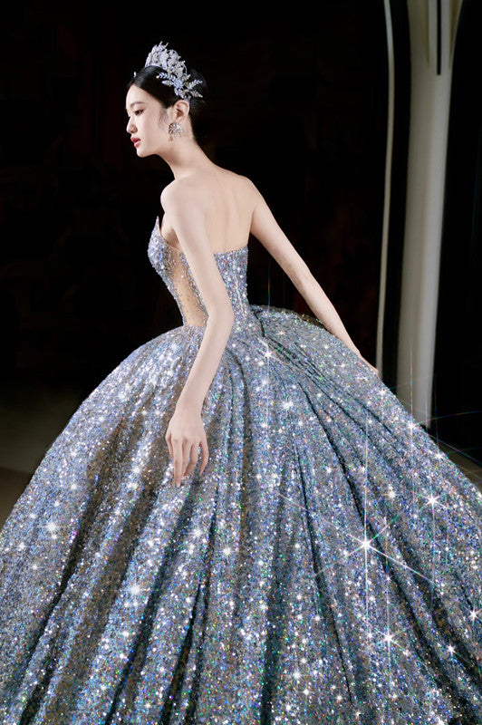 Vintage Ball Gown Strapless Sequin Silver Long Prom Dresses Layers Evening Dress