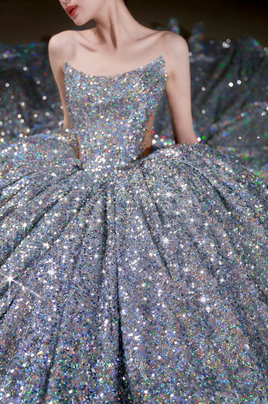 Vintage Ball Gown Strapless Sequin Silver Long Prom Dresses Layers Evening Dress