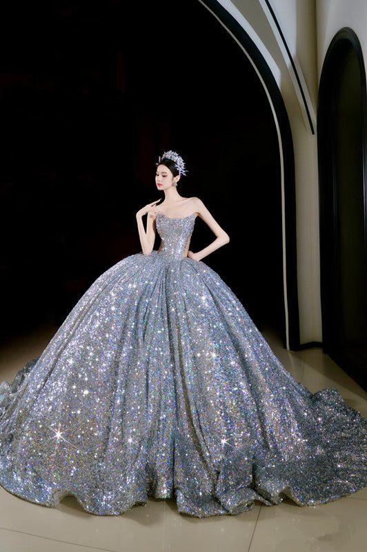 Vintage Ball Gown Strapless Sequin Silver Long Prom Dresses Layers Evening Dress