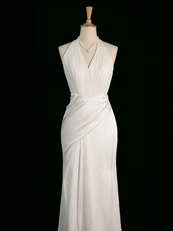 Chic Sheath Halter Sleeveless White Satin Wedding Dresses With Ruffles