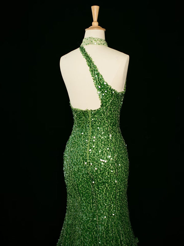 Sexy Sheath One Shoulder Green Sequin Prom Dresses Party Evening Dress With Beads