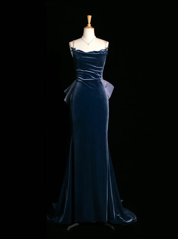 Sexy Mermaid Spaghetti Straps Navy Blue Velvet Prom Dresses Party Evening Dress With Beads