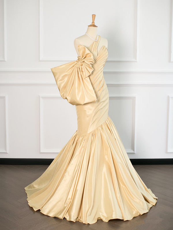 Sexy Mermaid One Shoulder Yellow Satin Long Prom Dresses Party Evening Dress With Bow