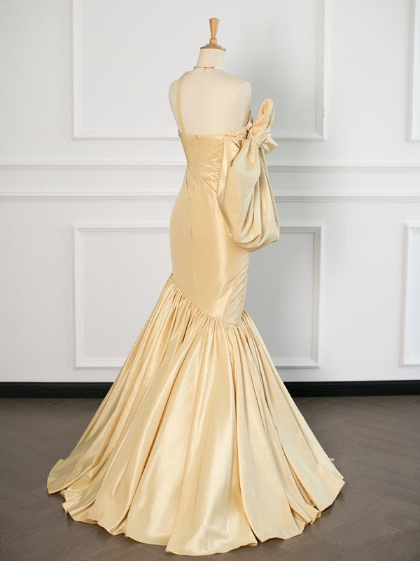 Sexy Mermaid One Shoulder Yellow Satin Long Prom Dresses Party Evening Dress With Bow