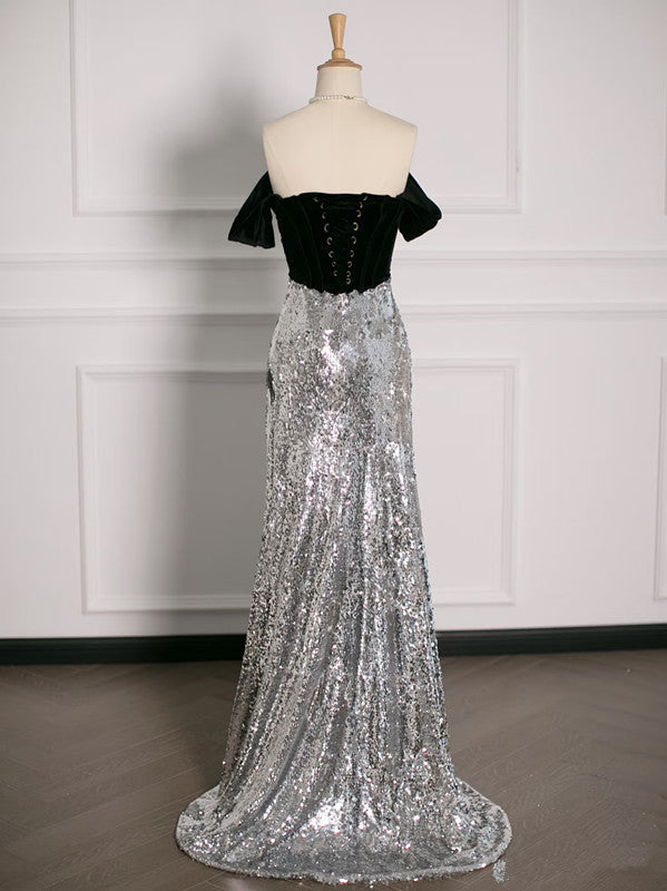 Sexy A Line Off The Shoulder Sequin Prom Dresses Party Evening Dress With Ruffles