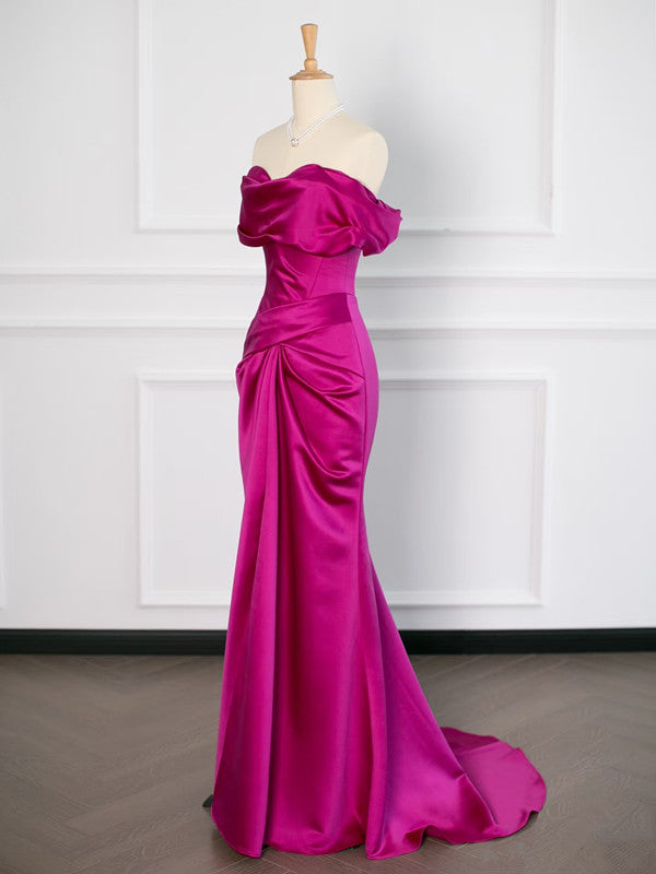 Sexy Mermaid Off The Shoulder Hot Pink Satin Prom Dresses Party Evening Dress With Ruffles