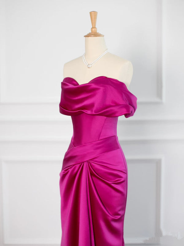 Sexy Mermaid Off The Shoulder Hot Pink Satin Prom Dresses Party Evening Dress With Ruffles