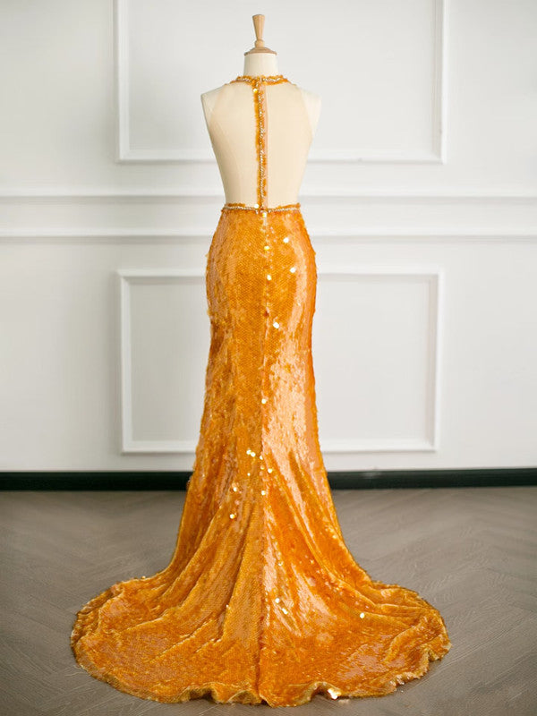 Sexy Mermaid Scoop Neckline Orange Sequin Prom Dresses Party Evening Dress With Beads