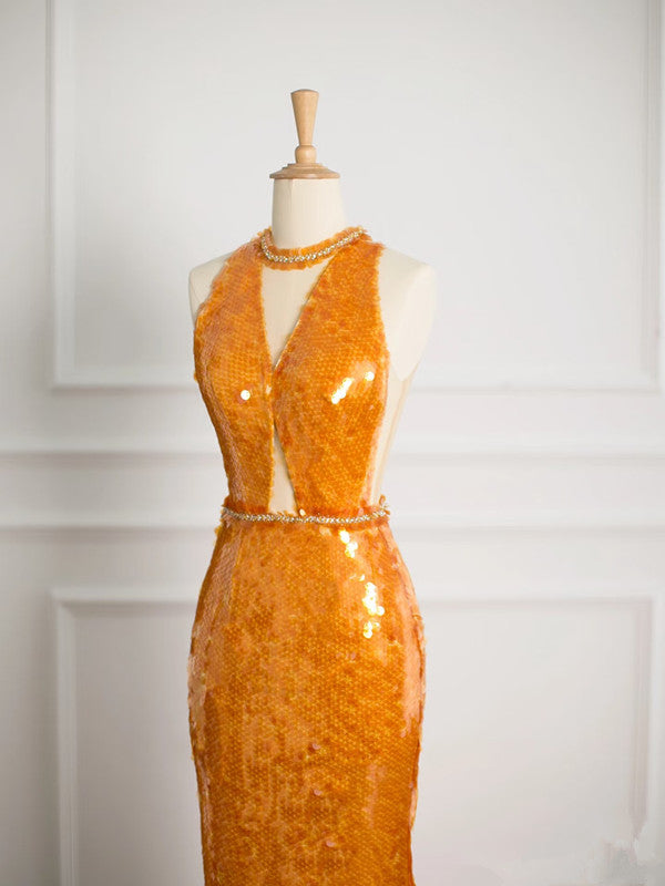 Sexy Mermaid Scoop Neckline Orange Sequin Prom Dresses Party Evening Dress With Beads